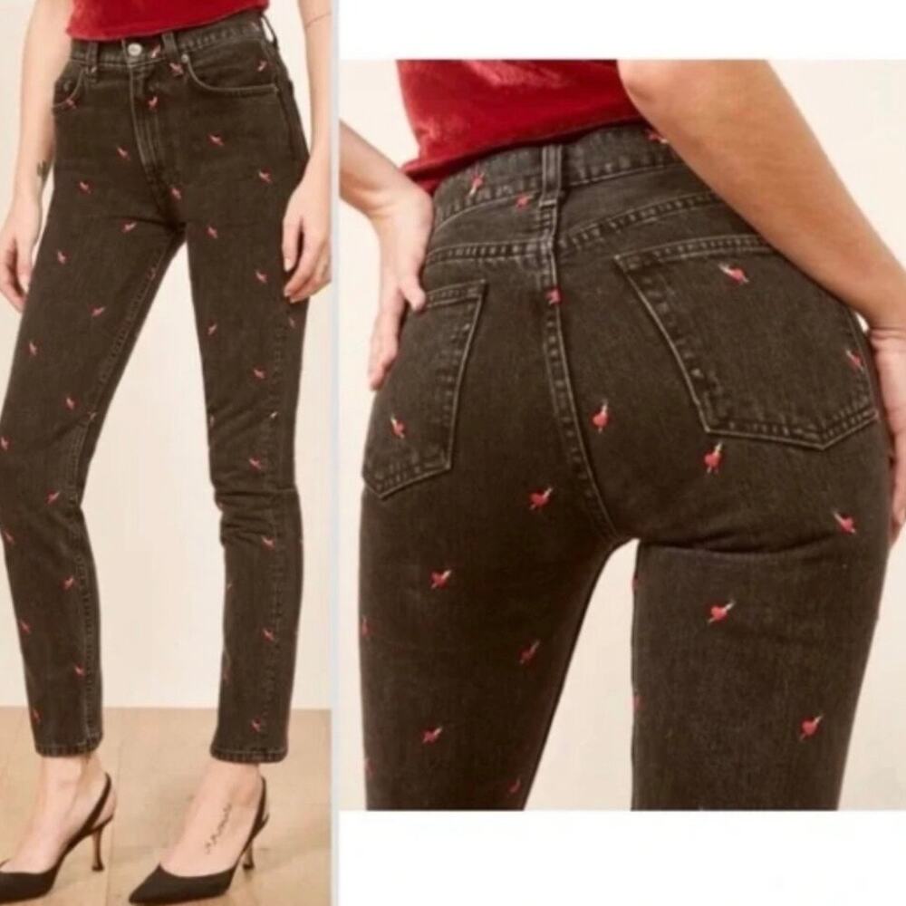 Reformation Julia High Cigarette Jeans Hearts Print size 28 Black Red